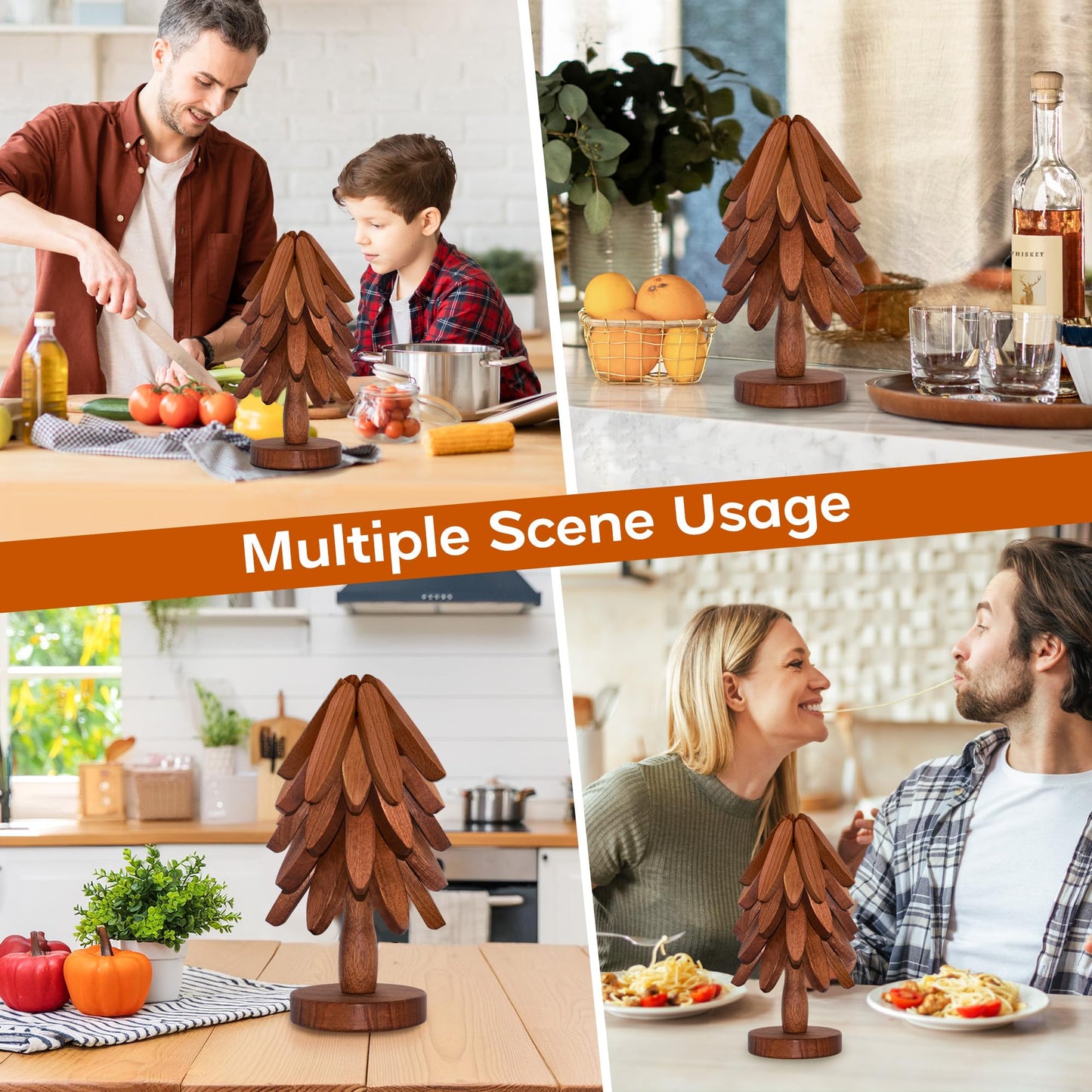 Wooden Trivets for Hot Dishes, Wooden Tree Trivet Set of 5 for Easy Storage - Suited for Hots, Pans, Bowl, Teapot, Hot Holders - Multifunctional Ornaments (Dark - 5 PCs)