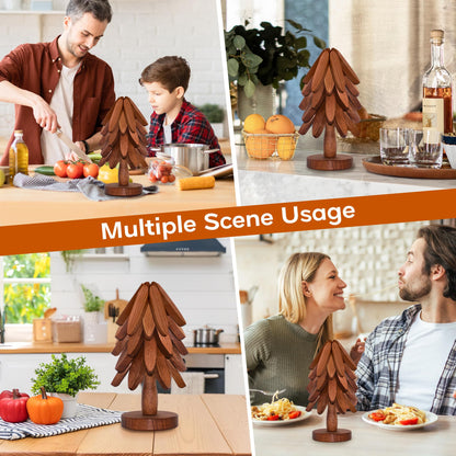 Wooden Trivets for Hot Dishes, Wooden Tree Trivet Set of 5 for Easy Storage - Suited for Hots, Pans, Bowl, Teapot, Hot Holders - Multifunctional Ornaments (Dark - 5 PCs)