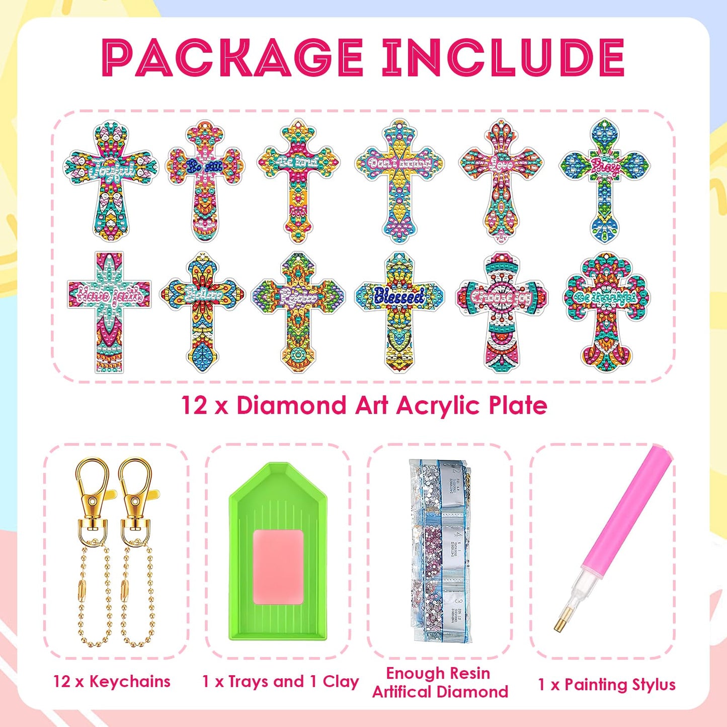 INCOK Cross Diamond Painting Keychains - 12PCS 5D Diamond Art Christian DIY Key Chain Kit DIY Key Ring Inspirational Gift Pendant for Beginner Adults Crafts Ornament