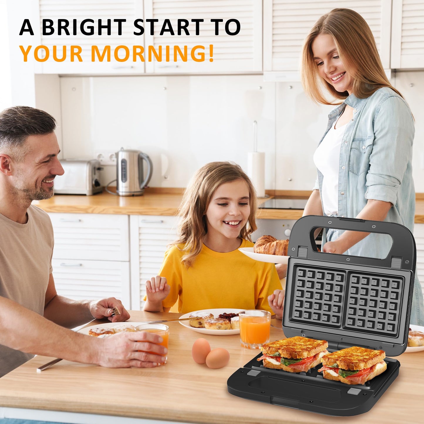 Sunvivi Sandwich Maker Panini Press: Waffle Maker with Removable Plates, 3 in 1 Sandwich Maker Press with Non-Stick Plates, Indicator Lights & Cool Touch Handle, 750W, Black