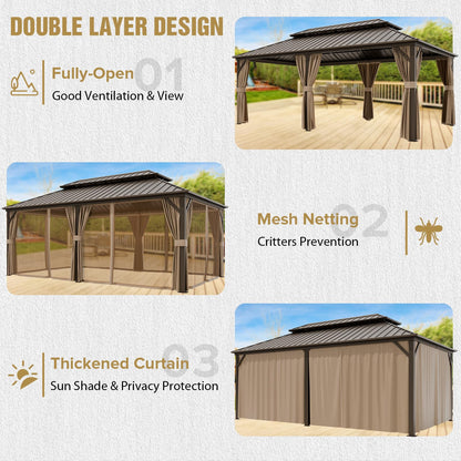 COOS BAY 12x20 Hardtop Gazebo with Aluminum Frame, Galvanized Steel Roof with UV Protection for Patio, Backyard, Garden, Outdoor Events, Dark Brown/Tan