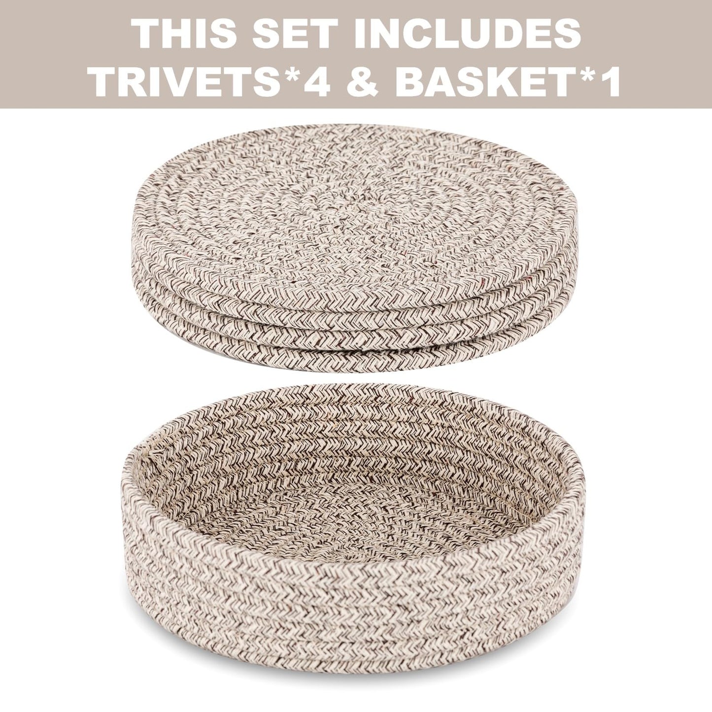 Trivets for Hot Dishes, Pots and Pans, Heat Resistant Hot Pads with Storage Basket, Pot Holders for Kitchen Countertop, Trivet Mats Home Essentials Farmhouse Decor (Brown 4 Pcs)