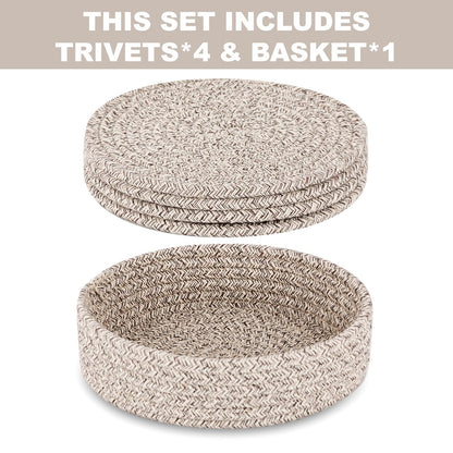 Trivets for Hot Dishes, Pots and Pans, Heat Resistant Hot Pads with Storage Basket, Pot Holders for Kitchen Countertop, Trivet Mats Home Essentials Farmhouse Decor (Brown 4 Pcs)
