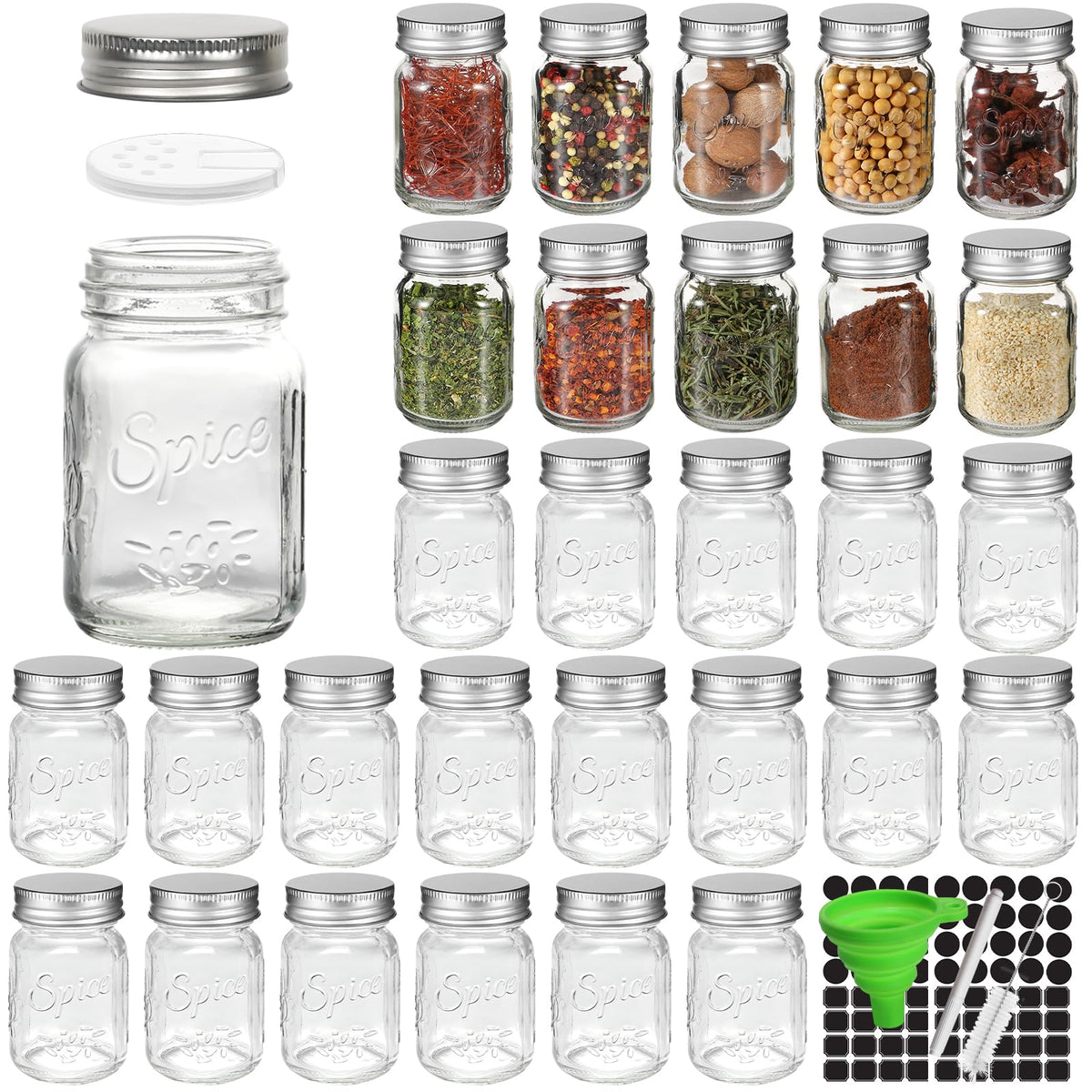 CycleMore 30 Pack 4oz Glass Mason Spice Jars, Round Spice Containers with Silver Metal Caps and Pour/Sift Shaker Lids-80pcs Labels,1 Silicone Collapsible Funnel,1 Brush and 1pcs Pen Included