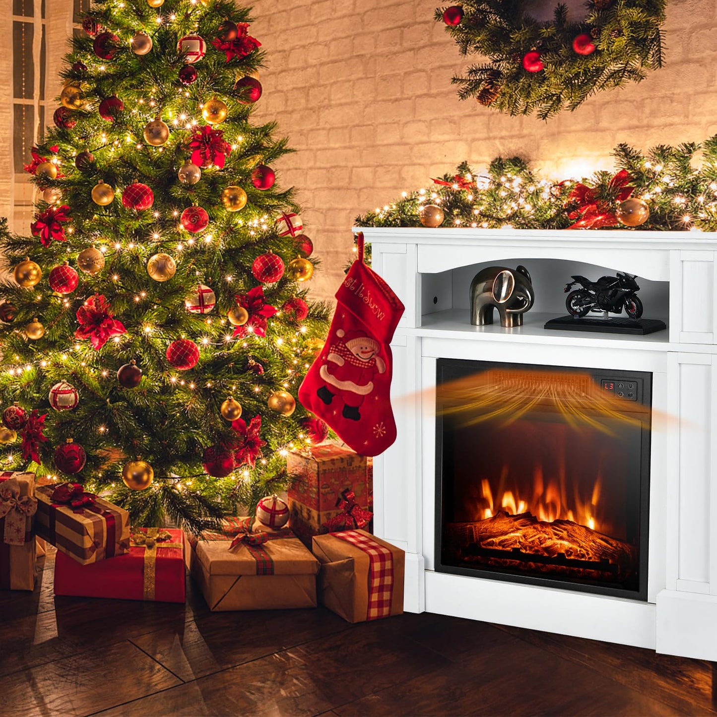 Tangkula Electric Fireplace Mantel, Freestanding Wooden Surround Firebox with 1400W Fireplace Heater, Remote Control, Thermostat, 3D Flame Effect, 6H Timer, Overheat Protection