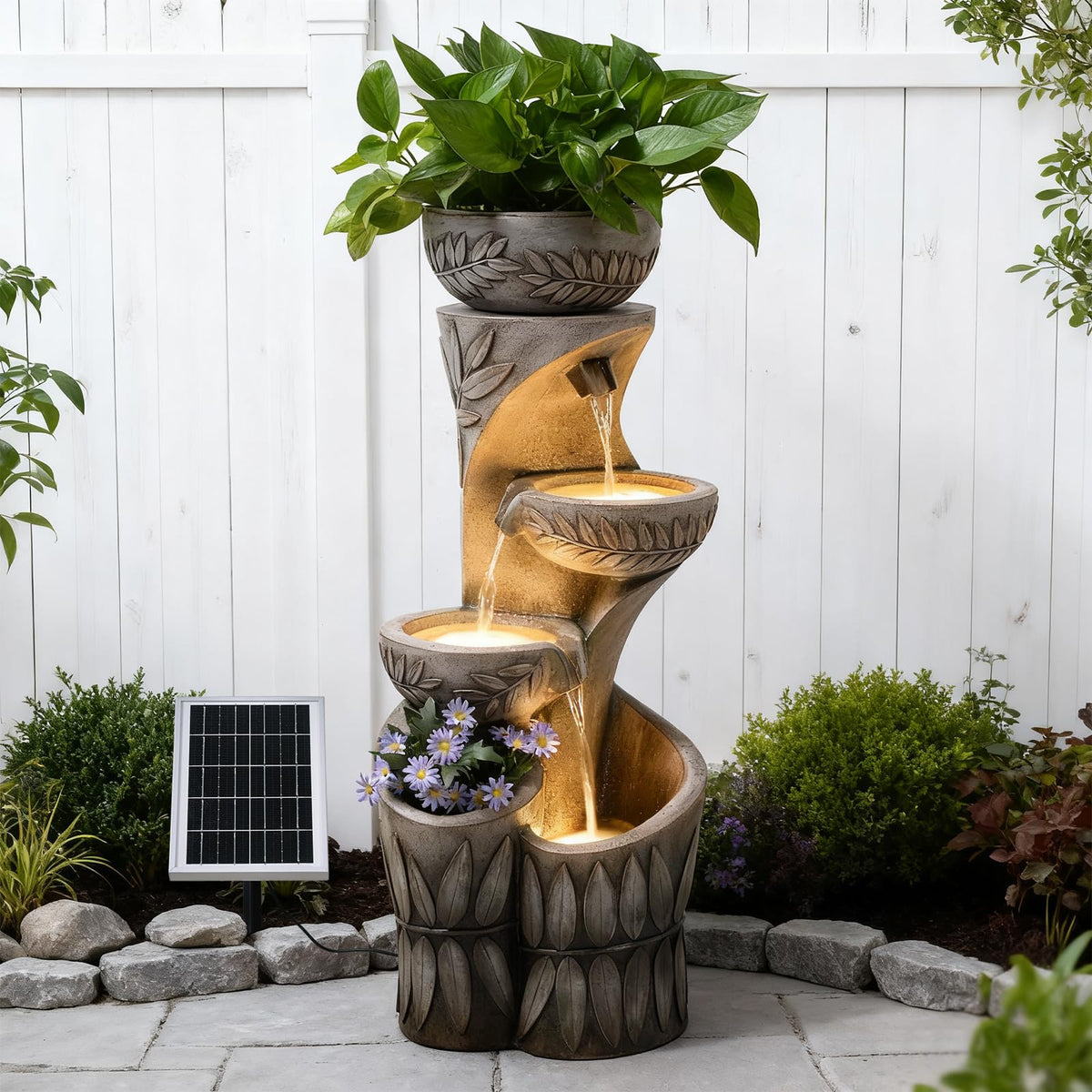 4 Tiered Solar Water Fountain Outdoor Garden, 35.6" Tall Cascading Bowl Leaf Carved Outdoor Waterfall Fountains Modern Water Feature with Dual Planters for Garden, Patio, Deck, Yard, Indoor Decor