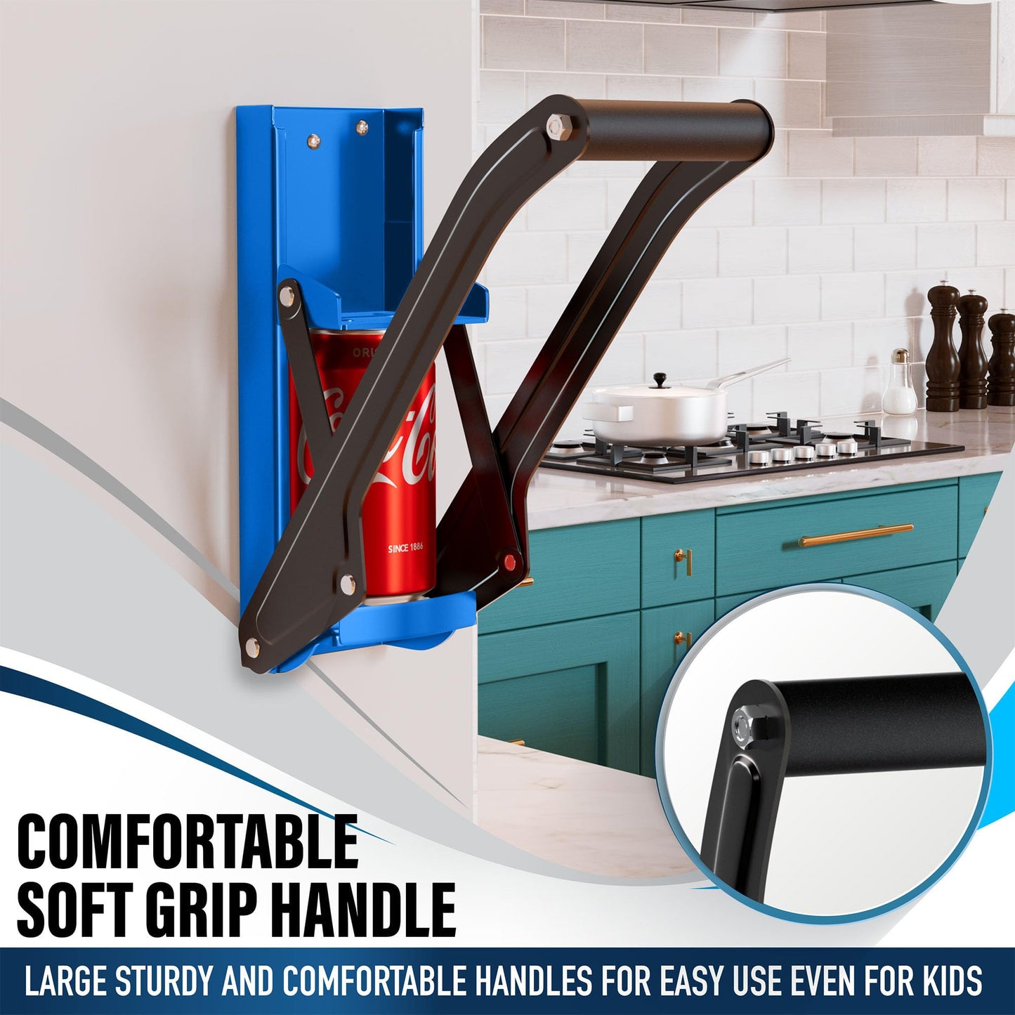 Can Crushers for Recycling - 16 oz Heavy Duty Aluminum Can Crusher Wall Mounted - Soda and Beer Can Smasher for Recycling with Bottle Opener - For 12 and 16 oz Cans - Easy to Install, Blue - RamPro