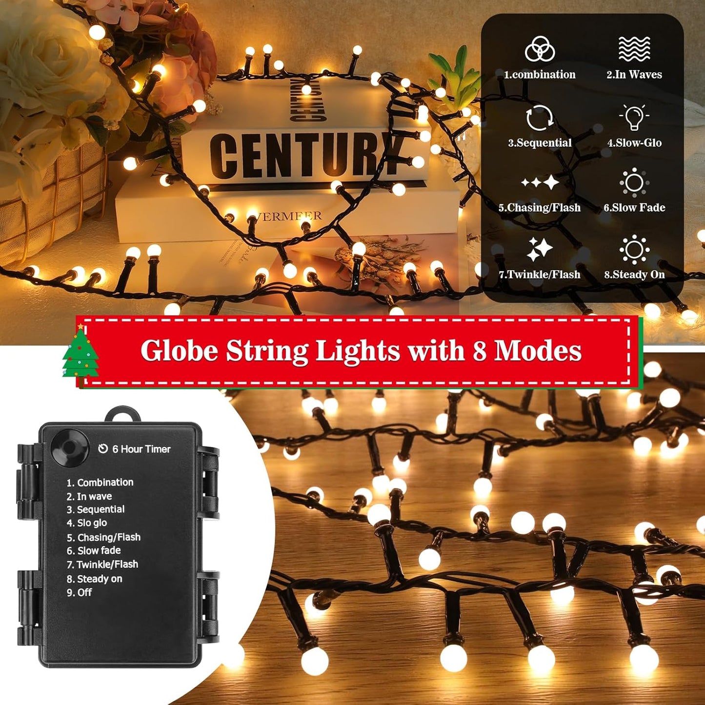 16Ft 100LEDs 8 Christmas Lights Battery-Powered,Mimi Globe Lights Modes,Indoor Outdoor Cluster String Lights