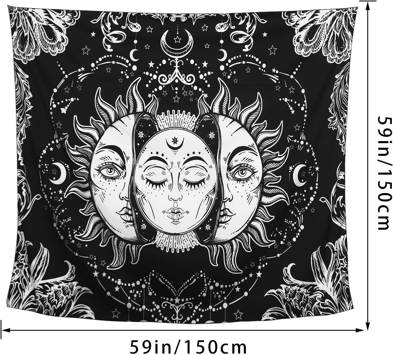 ARFBEAR Sun and Moon Tapestry, Burning Sun with Stars, Black and White Psychedelic Wall Hanging (59 x 59 in)