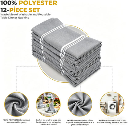 Cloth Napkins Set of 12,Grey Striped Cloth Napkins 18x22 Inch,Polyester Napkins Cloth Washable, Reusable Washable for Fall Christmas Wedding Daily Dining