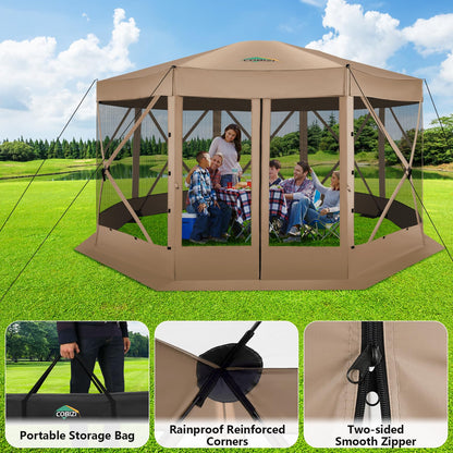 COBIZI 15x15FT Pop Up Gazebo Screen Tent Screen House for Camping, Screen Room with Mosquito Netting, Hub Tent Instant Screened Canopy with Carrying Bag and Ground Stakes, Khaki(Upgraded)