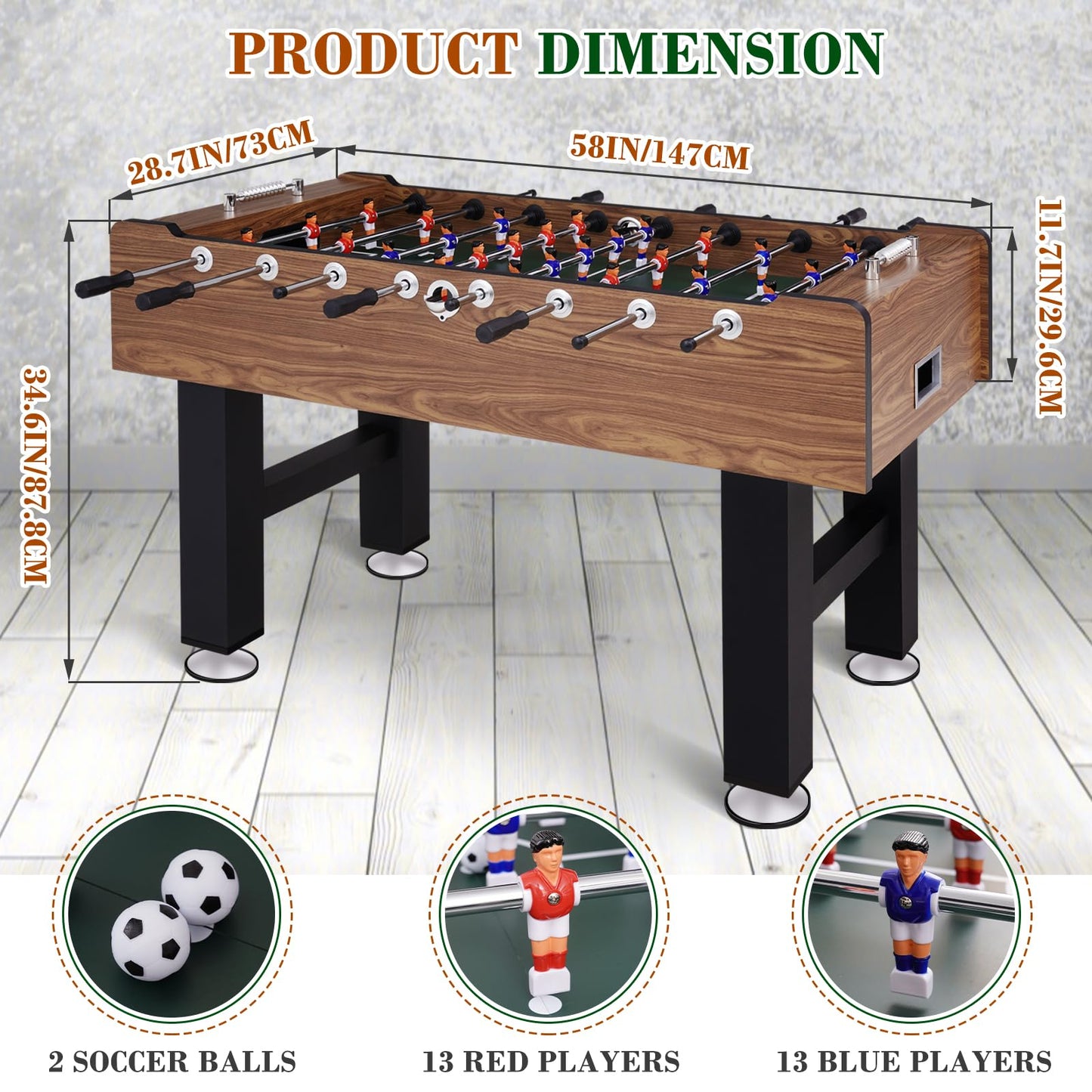 REAHOISY 58 Inch Large Size Foosball Table Adult Size, Full Size Soccer Game Table w/2 Balls, Leg Levelers & Heavy-Duty Legs, Durable Arcade Football Table for Game Room, Home, Office, Party (Brown)
