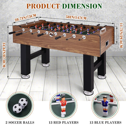 REAHOISY 58 Inch Large Size Foosball Table Adult Size, Full Size Soccer Game Table w/2 Balls, Leg Levelers & Heavy-Duty Legs, Durable Arcade Football Table for Game Room, Home, Office, Party (Brown)