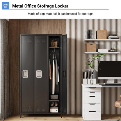 GAOMON Metal Lockers - 3 Doors Lockable Storage Locker, Sturdy Steel Cabinet with Shelves, Space-Saving Design for Home, Gym & Fire Department, Black