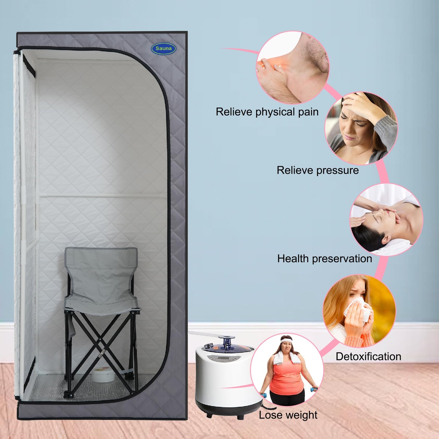 Gecheer Full-Size Portable Grey Steam Sauna Tent for Home Use – Includes Steam Generator, Remote Control, Foldable Chair, Timer, PVC Frame & 360° Steam Nozzles
