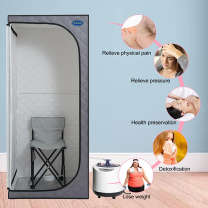 Gecheer Full-Size Portable Grey Steam Sauna Tent for Home Use – Includes Steam Generator, Remote Control, Foldable Chair, Timer, PVC Frame & 360° Steam Nozzles