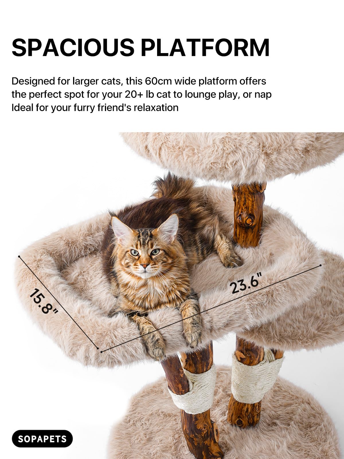 Aesthetic Cat Tree Tower for Large Cats, Large Cat Tree for Maine Coon Indoor Cats with Faux Fox Fur, Solid Wood Sisal Scratching Post, Perches, Platform & Toy Ball