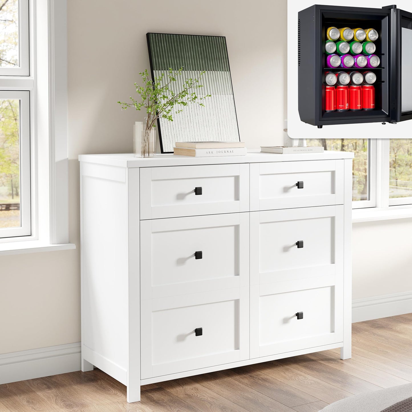 LUXOAK 41 Inch Sideboard Buffet Cabinet with Built-In Mini Fridge, 24-Can Beverage Cooler, TV Stand with Drawers & Storage for Living Room, White