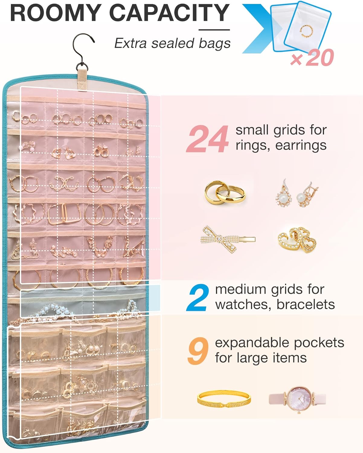 BAGSMART Hanging Jewelry Organizer, Large Teal Necklace Holder with 20 Jewelry Bags, Travel Storage Roll with Pockets