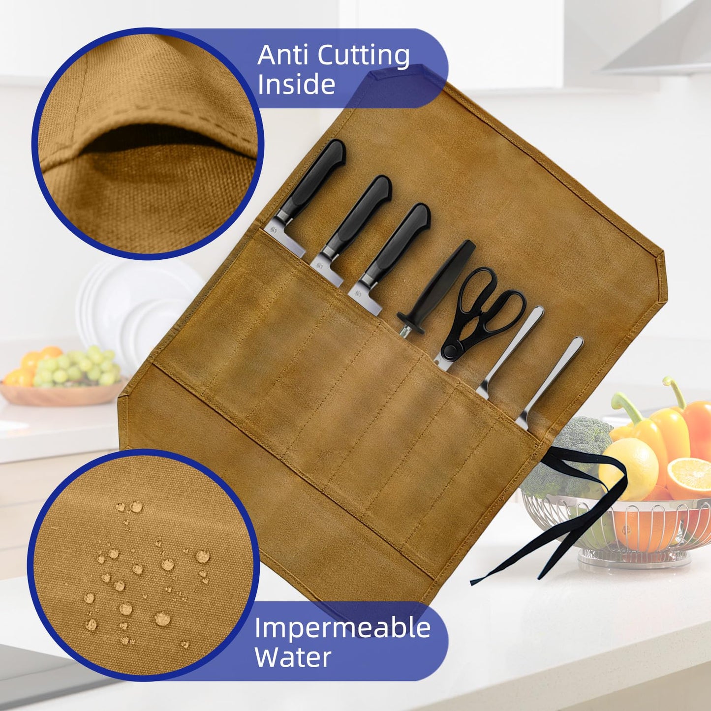 GIWOSK Knife Roll Bag, Waxed Canvas Chef's Knife Roll Bag with 7 Slots, Portable Knives Pouch Knife Storage Case Knife Carrier for Home Camping Picnic Chefs Cooking Lovers, Khaki(Bag Only)