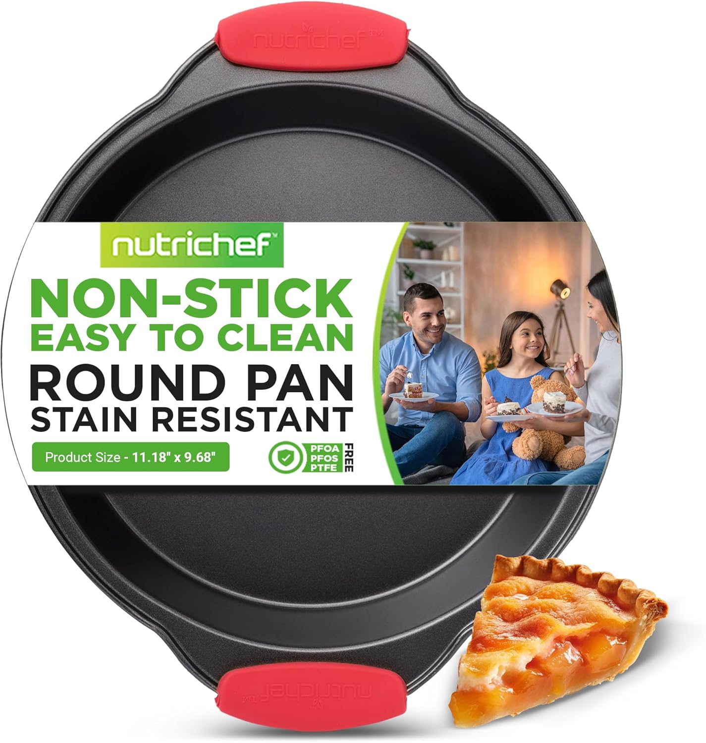 NutriChef Non Stick Round Cake Pan, 9.68 Inch Metal Bakeware with Silicone Handles, Easy-to-Clean, Dishwasher Safe
