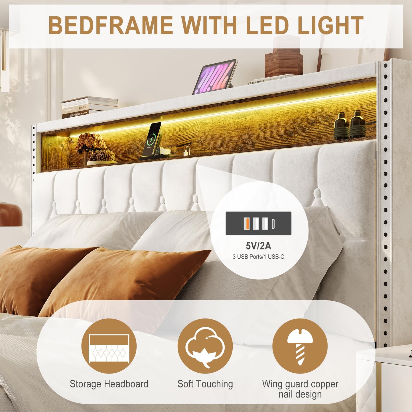 Garvee King Bed Frame with LED Light and Charging Station, Upholstered Bed Frame with Button Headboard, Wood Slat, No Box Spring Needed, Easy Assembly