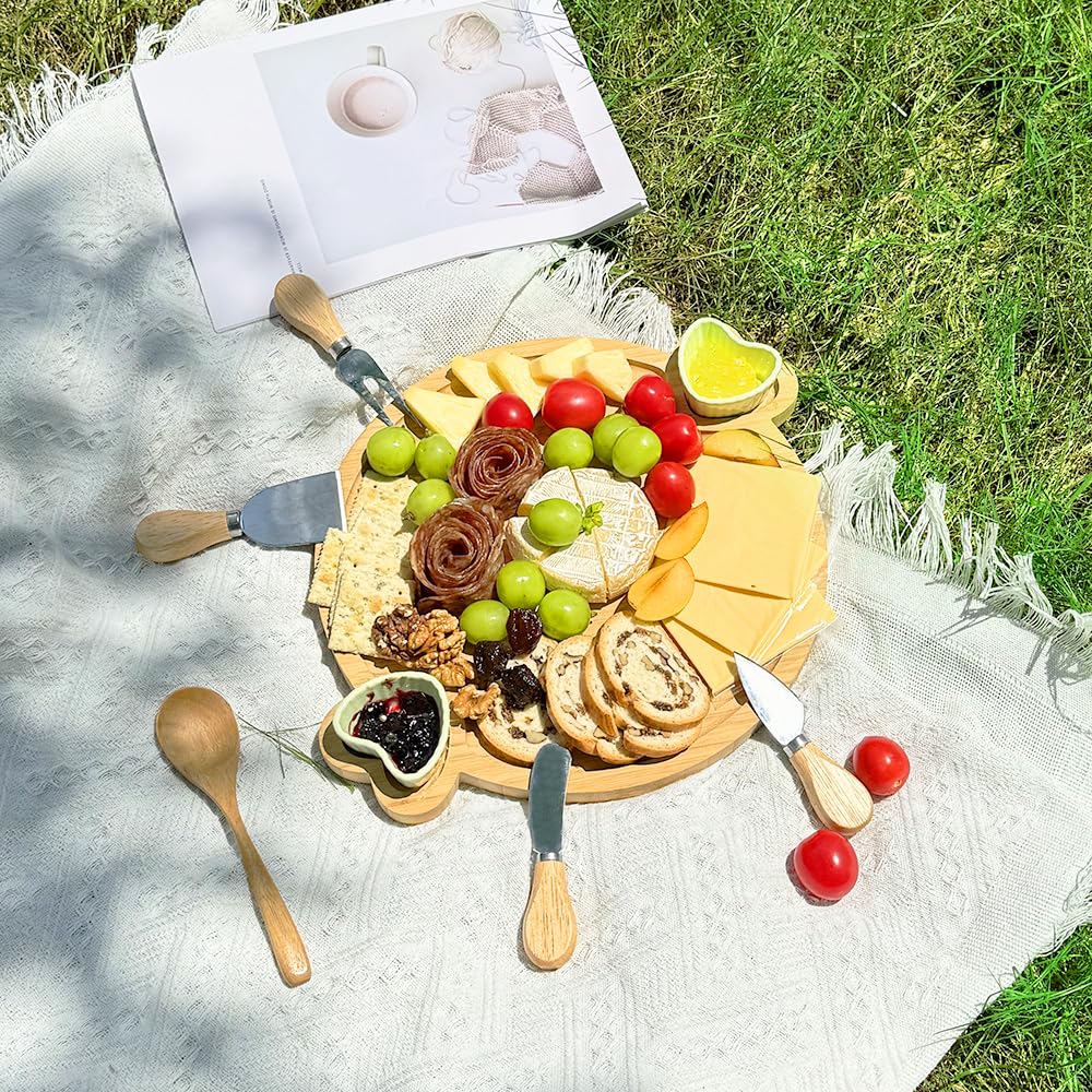 Hongsane Charcuterie Boards,Cute Bamboo Cheese Board,House Warming Gifts New Home,Wedding Bridal Shower Gift,Valentine Birthday Mother's Day for Women Mom,Round Meat Fruit Serving Tray Platter