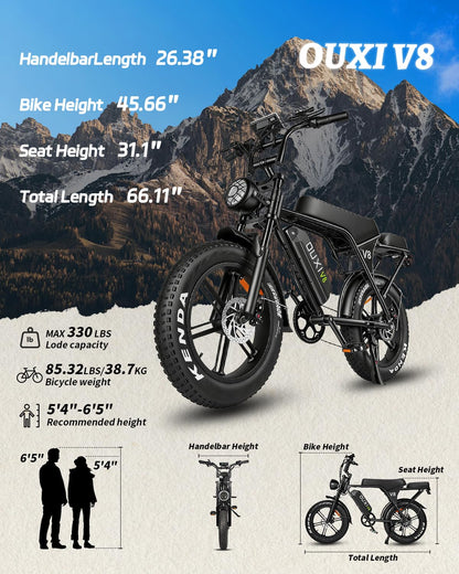 OUXI V8 Electric Bike for Adults, Ebike with15.6AH Removable Battery Max 60Miles, 20" Electric Dirt Bike Dual Disc Brakes, 7-Speed Gear, Electric Motorcycle for Commuting & Off-Road