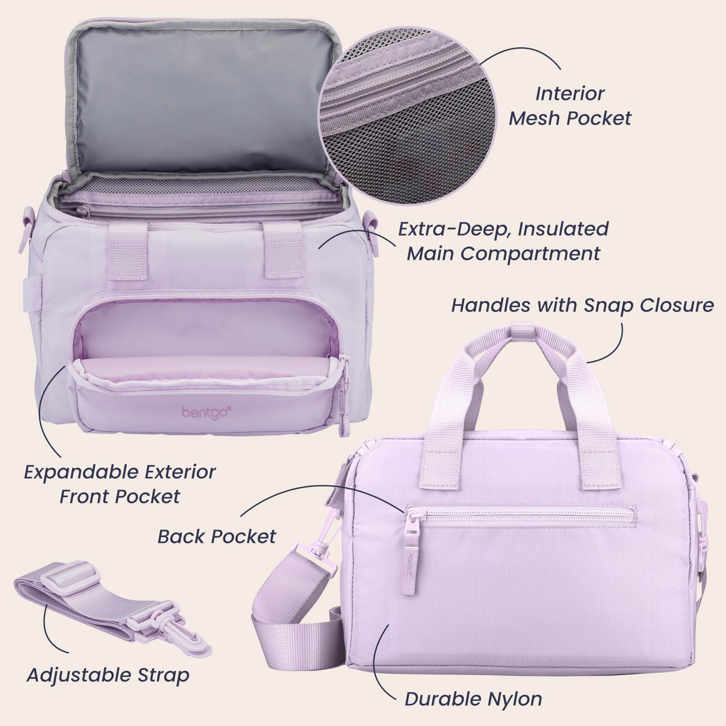 Bentgo Insulated Lunch Bag – Extra-Large Capacity Adult Lunch Bag with Shoulder Strap and External Storage Compartment, Durable, Lightweight, Ideal for Work, School, & Meals On the Go (Lavender)