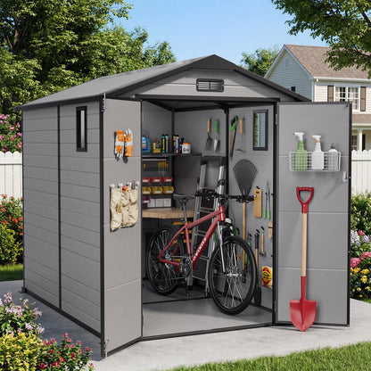 WUKHG 6X8 FT Resin Shed, Plastic Shed with Floor & Drainage Channel for Bikes, Furniture, Gardening Tools, Lockable Double Door Outdoor Storage Sheds Suitable for Backyard