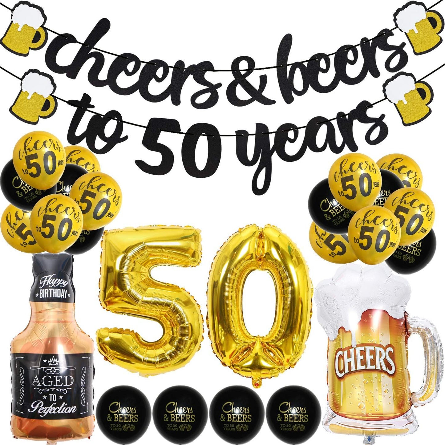 50th Birthday Decorations - Black Gold 50 Year Anniversary Supplies, Cheers To 50 Years Banner, Latex Balloon, Foil