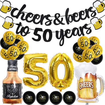 50th Birthday Decorations - Black Gold 50 Year Anniversary Supplies, Cheers To 50 Years Banner, Latex Balloon, Foil