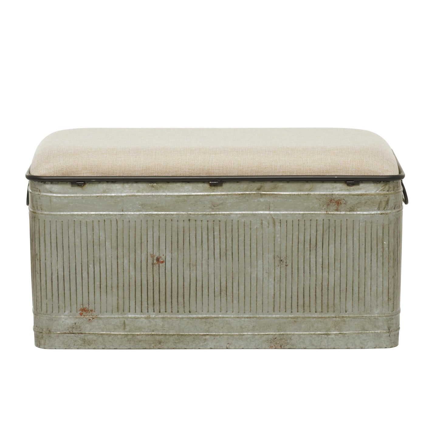 Deco 79 Metal Room Storage Bench Galvanized Entryway Bench with Cream Burlap Top and Black Latches, Bench 38" x 16" x 19", Gray