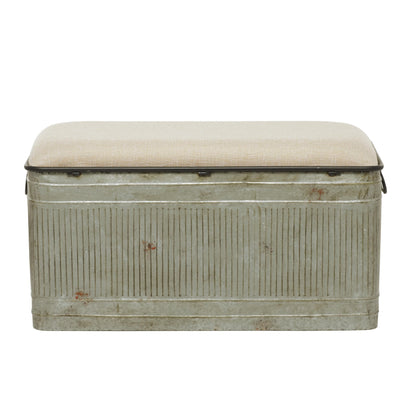Deco 79 Metal Room Storage Bench Galvanized Entryway Bench with Cream Burlap Top and Black Latches, Bench 38" x 16" x 19", Gray