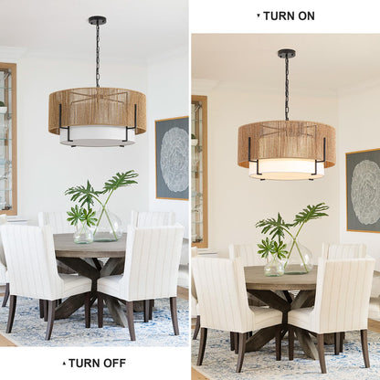 25.6" Large Rattan Chandelier, 6-Light Boho Pendant Light with Fabric Shade, Farmhouse Rattan Hanging Ceiling Light Fixture for Dining Room, Living Room, Kitchen Island, Bedroom, Hallway, Foyer