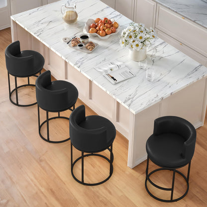 LUE BONA 26.8" Counter Height Bar Stools Set of 3, 180° Swivel Bar Stools, Modern Barrel Counter Stools with Back and Metal Frame, Faux Leather Upholstered Barstools for Kitchen Island, Black