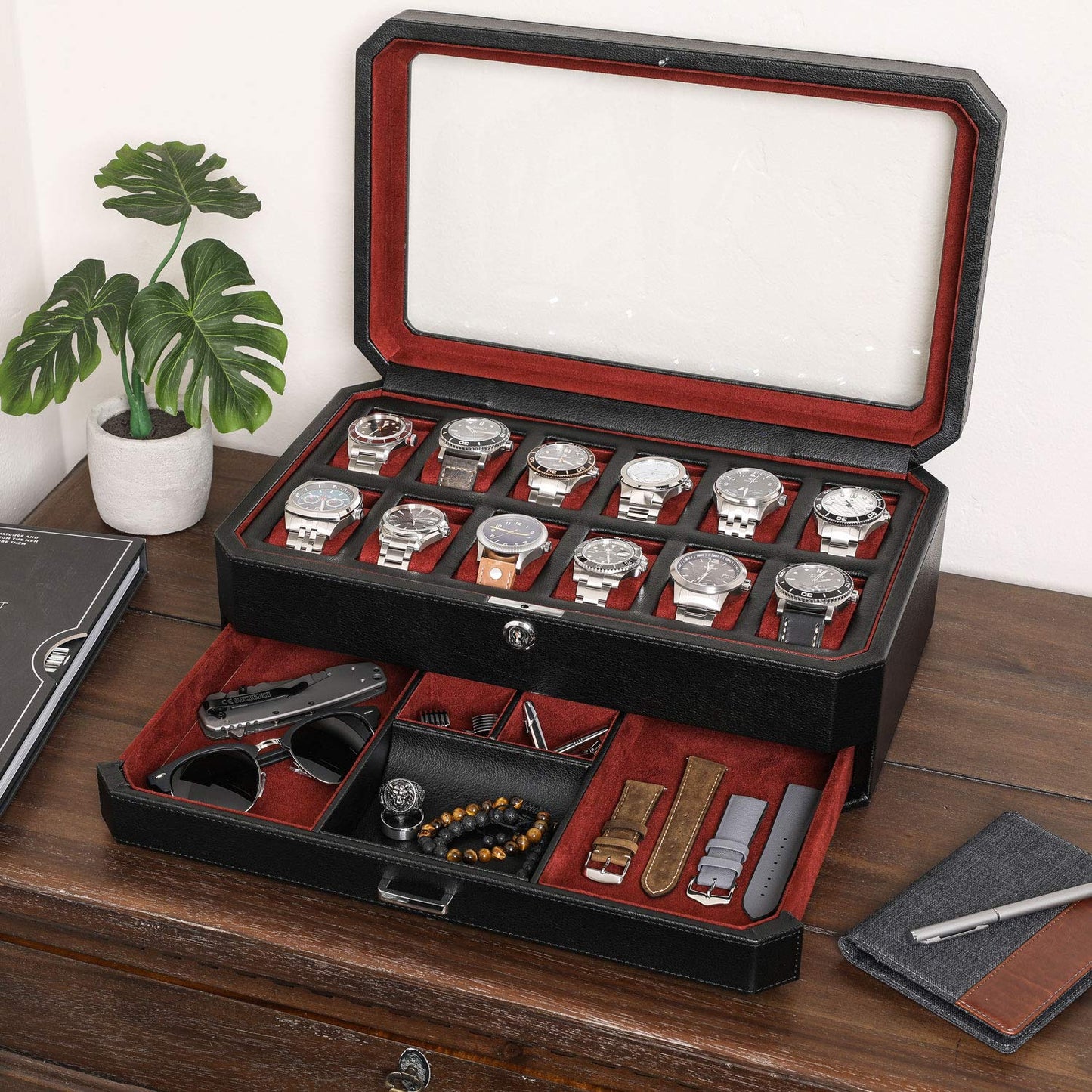 Gift Set 12 Slot Leather Watch Box with Valet Drawer & Matching Single Watch Winder - Luxury Case Display Organizer, Locking Mens Jewelry Watches Holder, Men's Storage Boxes Glass Top Black/Red