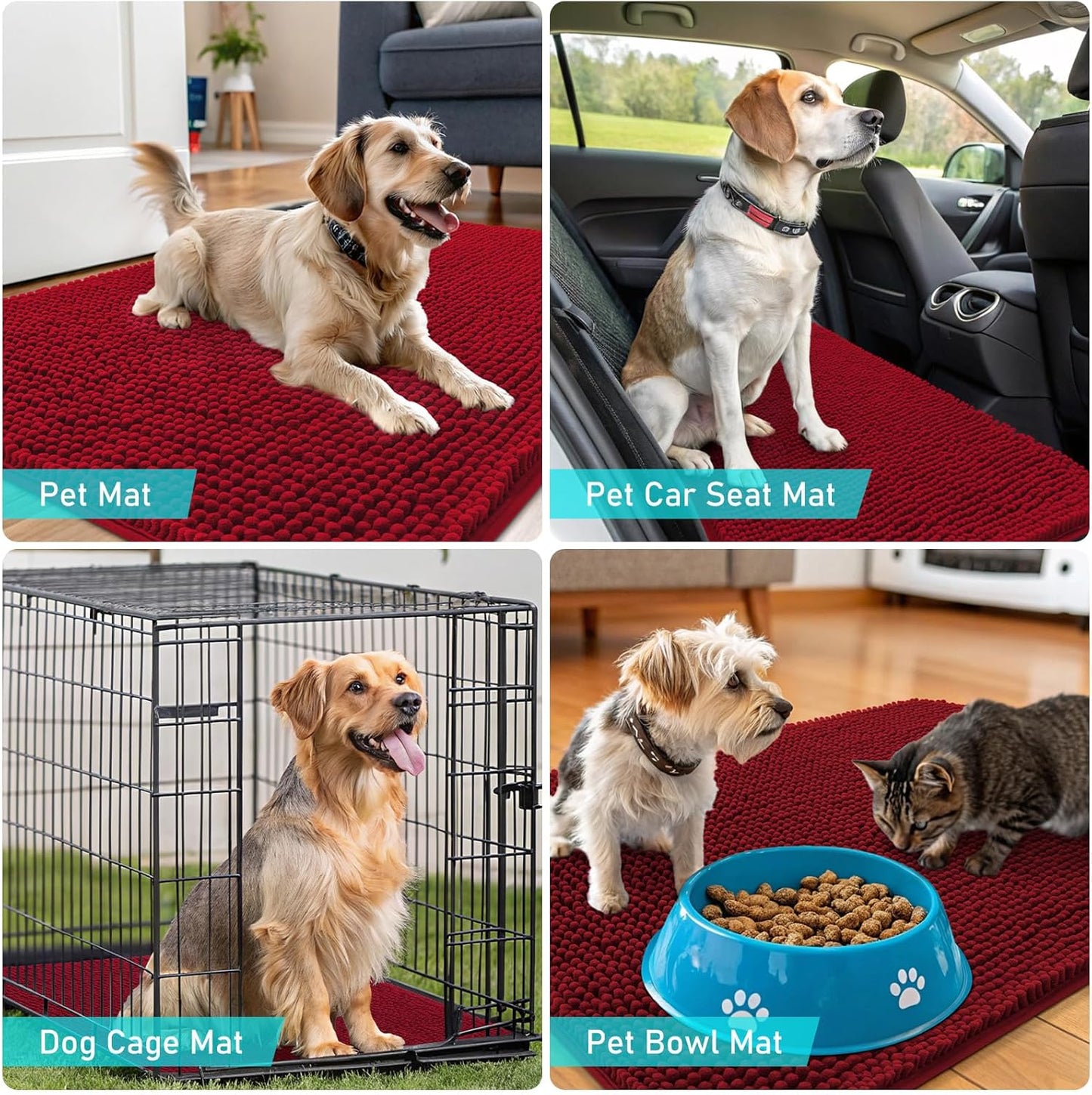 OLANLY Dog Door Mat - Absorbent Non-Slip Chenille Mat for Muddy Paws | 50x30 Inches, Quick Dry, Red