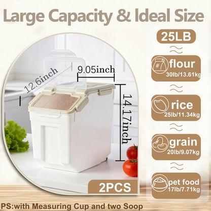RUIAN 25lb Flour Rice Storage Containers Bin, Large Airtight Storage Container with Wheels Seal Locking Lid, with Measuring Cup&Scoop for Flour, Rice, Grain(Gray 4PCS)