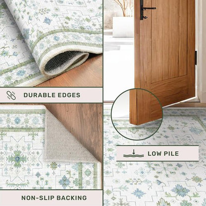 Hazo Haus Cream Oushak 6x9 Area Rug - Boho Floral Design in Cool Blue & Green, Washable Non-Slip
