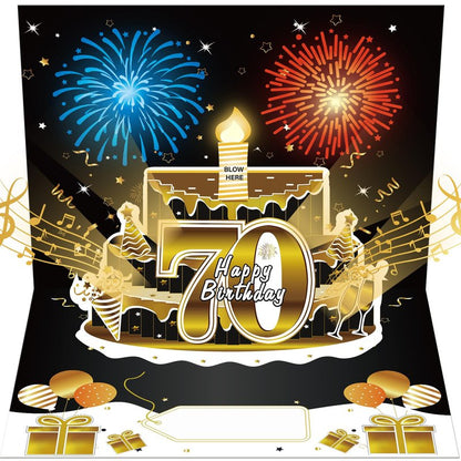 Turypaty 70th Birthday Cards Pop Up 3D Cake - Firework & Music & Blow Out Candle Light Funny Happy 70 Black Gold Birthday Card Gifts for Men, Women, Friends, Boyfriend, Dad, Mom, Husband, Wife