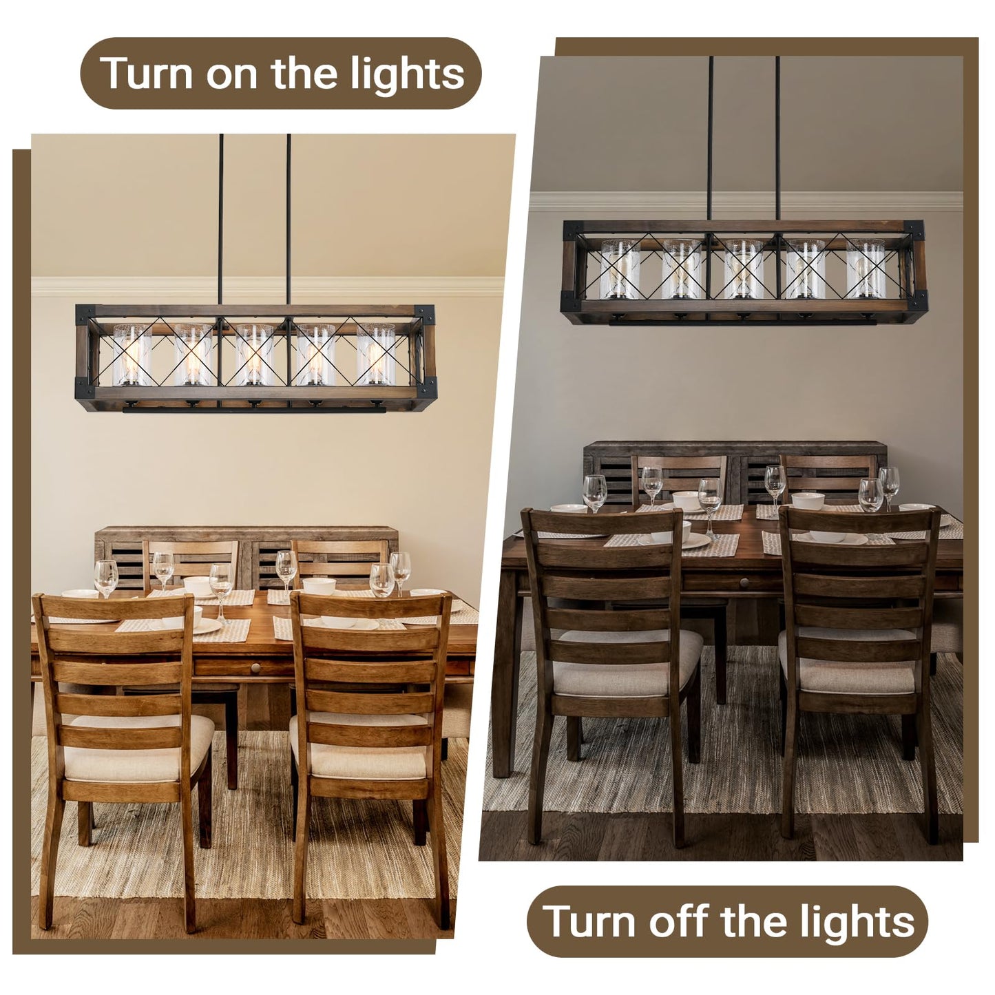 WJShome 35" Farmhouse Chandelier, 5-Light Kitchen Island Lighting, Modern Rectangular Dining Room Light Fixture, Rustic Wooden Chandeliers, Linear Pendant Light, with Clean Glass Shade