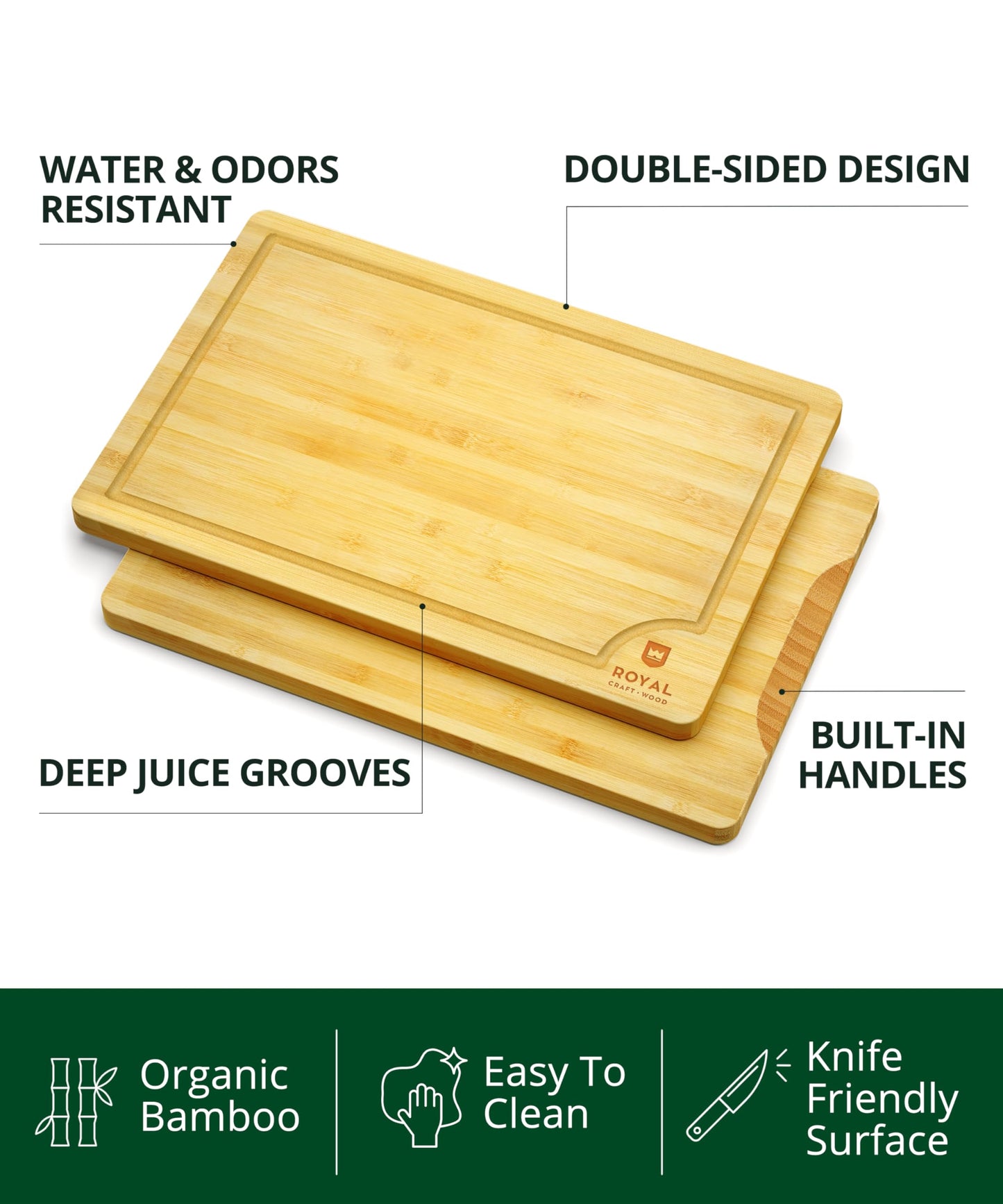 ROYAL CRAFT WOOD Wooden Cutting Boards for Kitchen Meal Prep & Serving - Bamboo Wood Serving Board Set with Deep Juice Groove Side Handles - Charcuterie & Chopping Butcher Block for Meat