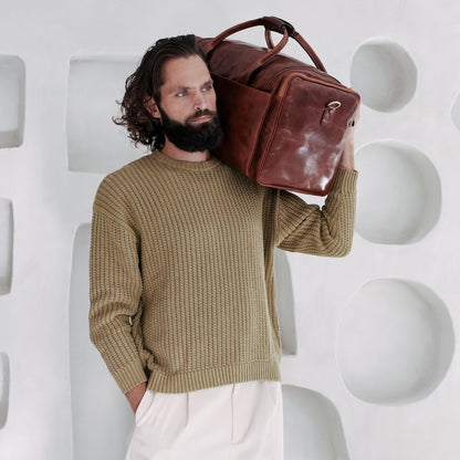 Time Resistance Leather Duffel Bag - Large Weekend Gym Travel Bag (Cognac Brown)