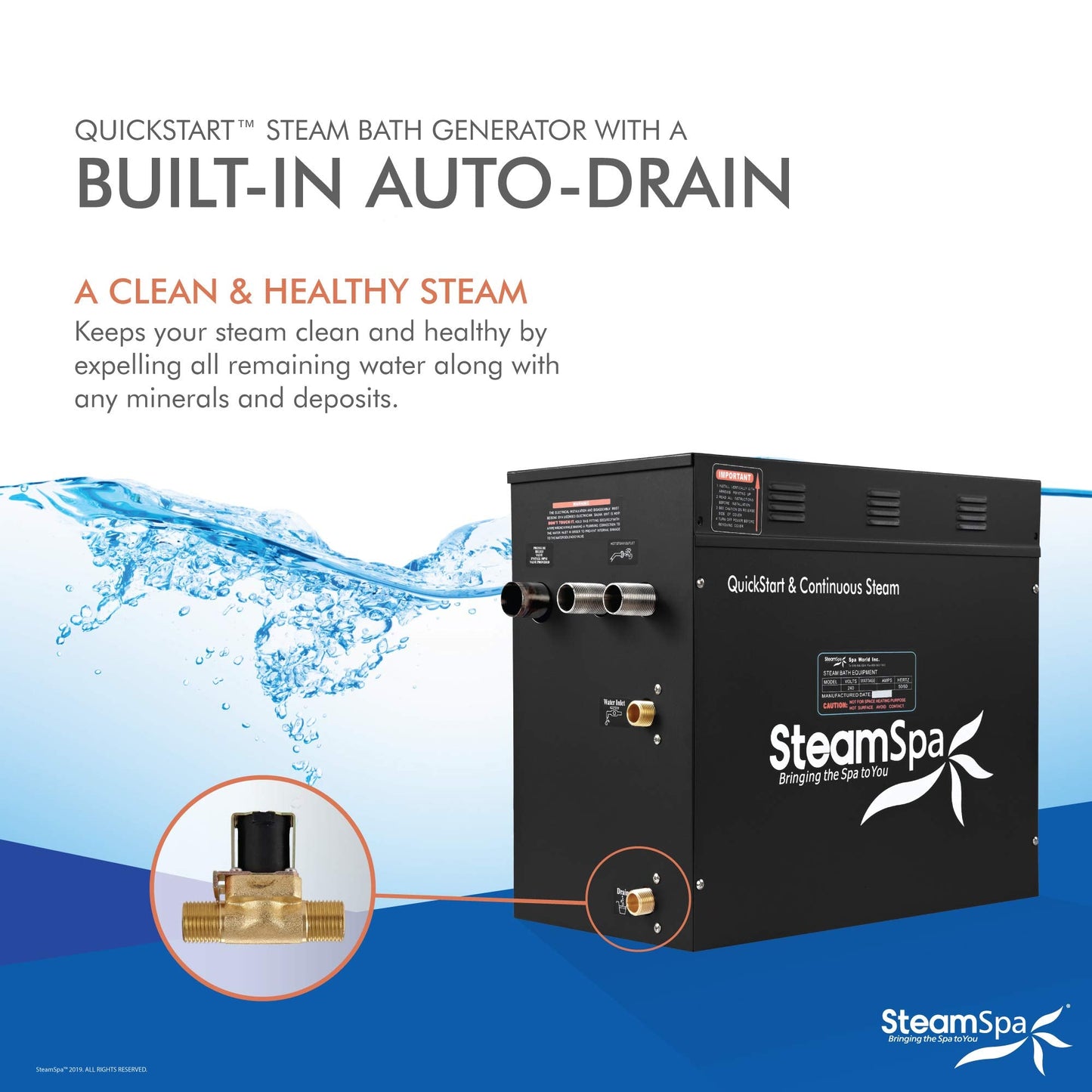 SteamSpa Generator with Quick Start Continuous Steam Technology, Wi-Fi, Bluetooth and Autodrain | 10.5kW Steam Generator with Black Steam Head with Aromatherapy Reservoir | RVB1050BK-A