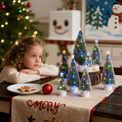 JOYIN 8 Pcs Mini Xmas Tree with LED Lights, Prelit Classic Small Christmas Decor in 4 Sizes with Star Topper, Tabletop Artificial Tree with Snow for Xmas Indoor Home Decor Holiday Festive (Green)