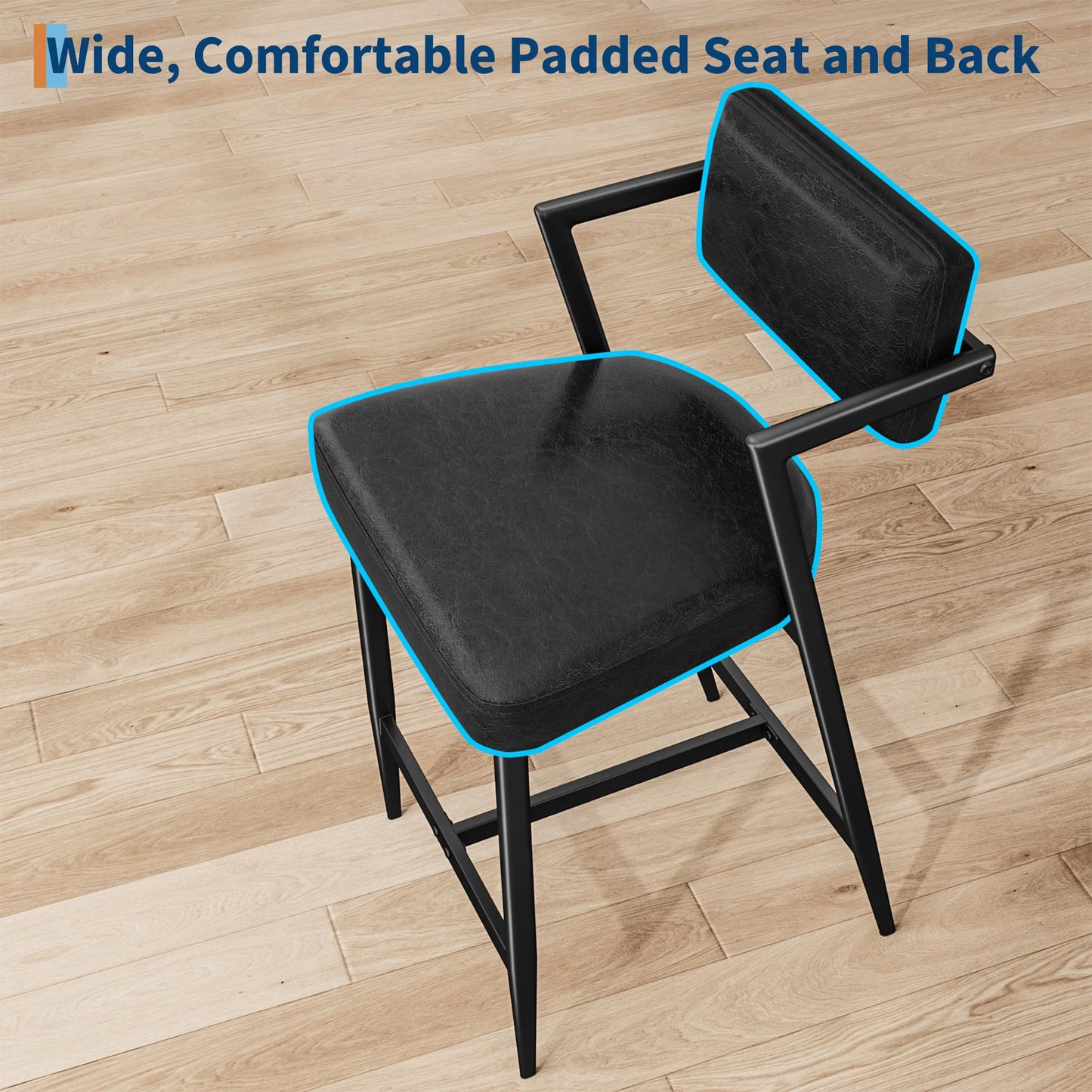 IDEALHOUSE Bar Stools Set of 4 with Armrest, Upholstered Counter Height Bar Stools with w/Backrest and Footrest, 27" Tall Bar Chairs Thick Cushion & Thickened Metal Legs, for Island