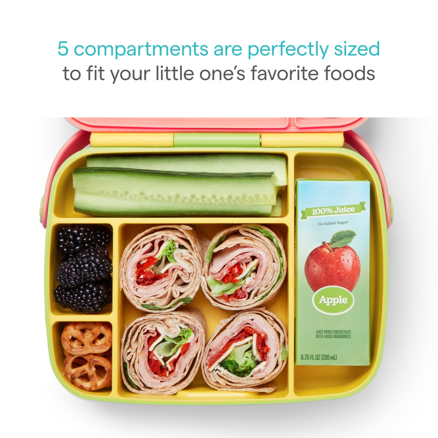 Munchkin Lunch Bento Box for Kids and Toddlers, Includes Stainless Steel Utensils, BPA-Free, 18 Months and Up, Pink/Green/Yellow