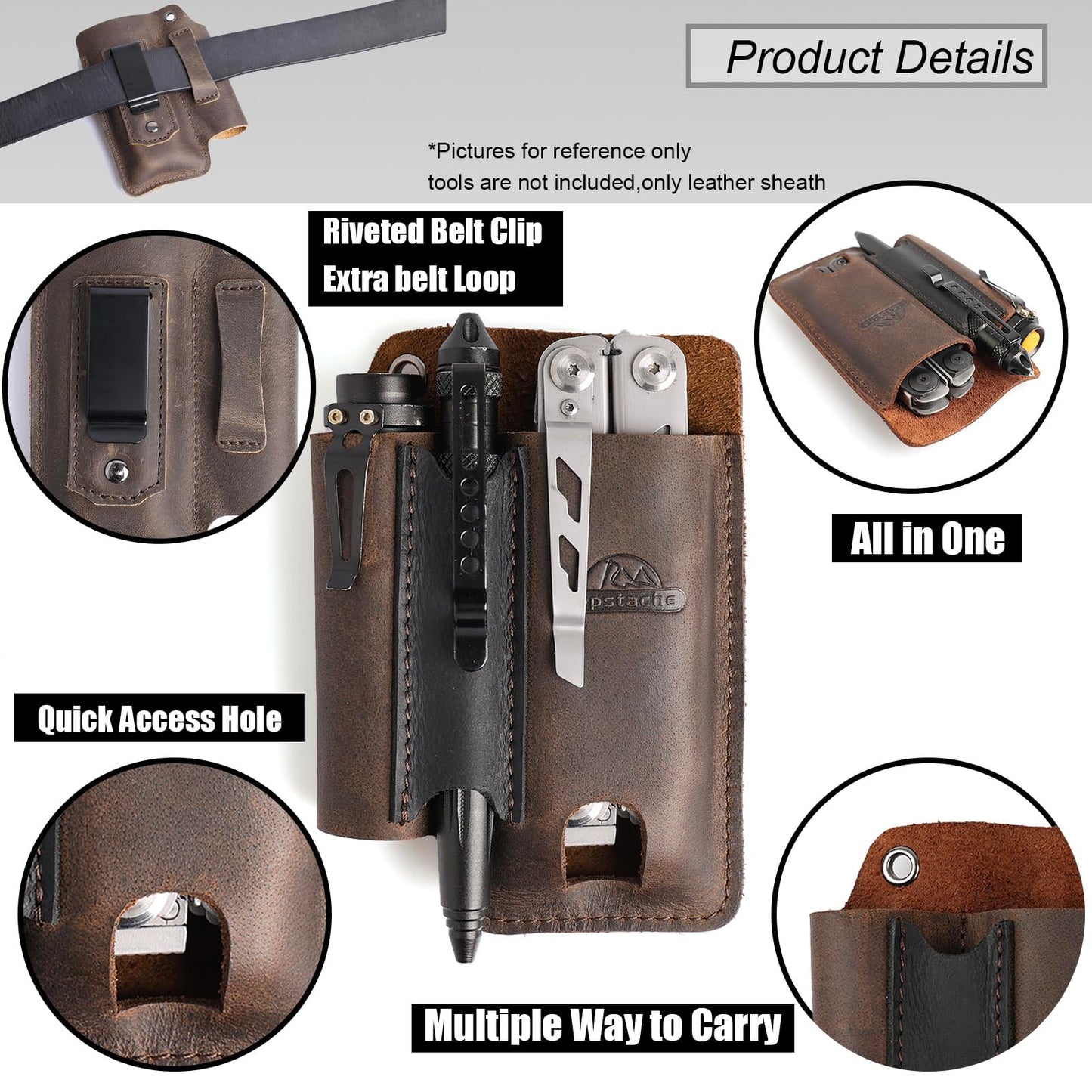 Topstache Leather Multitool Sheath with Belt Clip - Multitool Holster for Belt - EDC Belt Organizer Fits, Flashlight, Pen - Leather Pouch - Holder, Dark Brown