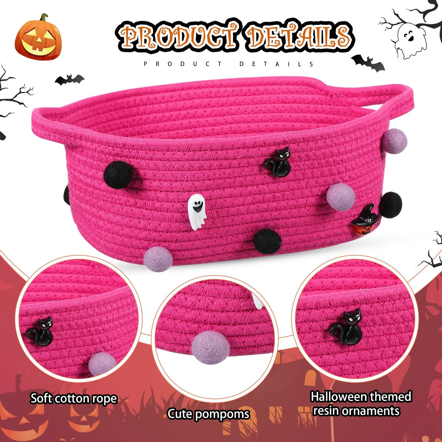 Teenyyou Halloween Gifts Basket Empty, 12" x 8" x 5" Woven Rope Basket with Gift Wrap Bag and Bow Clip for Halloween Party Gift Wrapping Decorations(Plum Red)